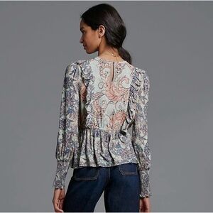 Bl^nk‎ London Moira Ruffled Peplum Blouse Size S Multicolor Paisley Boho